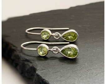 Double Peridot Drop Earrings - Silver and Peridot Earrings - Peridot Drop Earrings - August Birthstone Earrings - Peridot Earrings