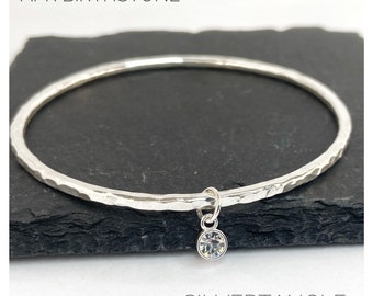 Round Sterling Silver Hallmarked Birthstone Bangle - April Birthstone Bangle - Silver Round Hammered Bangle - April Bangle