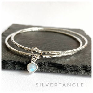 Two Silver Bangles with Moonstone Charm - Hammered Silver - Hallmarked Stacking Bangles - Round Bangles - Sterling Silver - Moonstone Charm