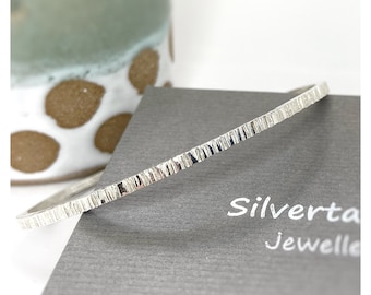 Silver Square Wire Textured Bangle - Grooved Silver - Textured Finish - Square Wire Bangle - Hallmarked Silver Bangle - Patterned Bangle