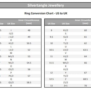 Size Chart showing UK ring sizes and the equivalent in US sizes and also the inner circumference in millimetres