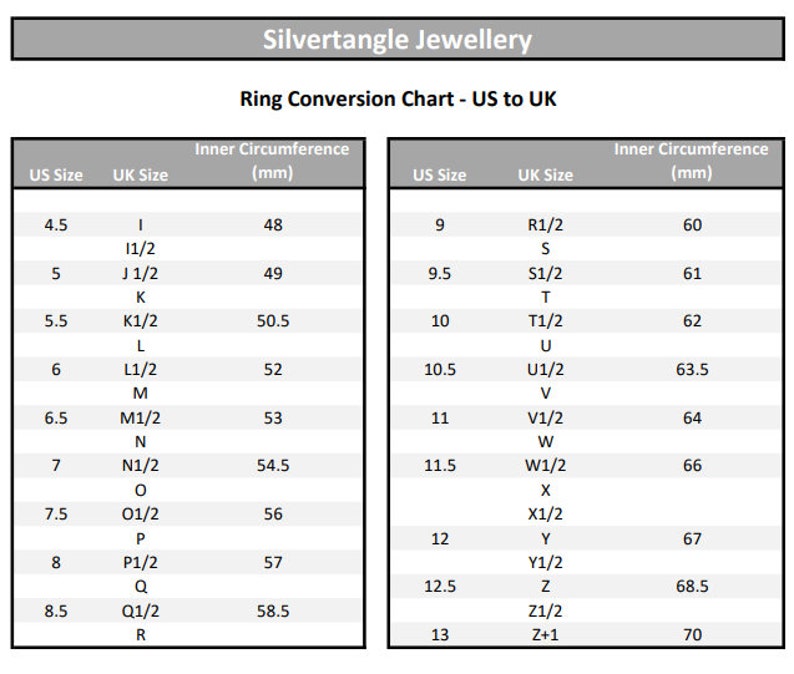 Size Chart showing UK ring sizes and the equivalent in US sizes and also the inner circumference in millimetres
