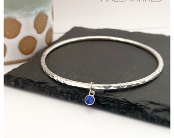 Sterling Silver Hallmarked September Birthstone Bangle - Silver Round Hammered Bangle - September Birthstone Bangle - Birthstone Jewellery