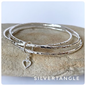 Sterling Silver Bangles With Heart - Triple Silver Bangles - Hallmarked Stacking Bangles - Round Bangles with Heart