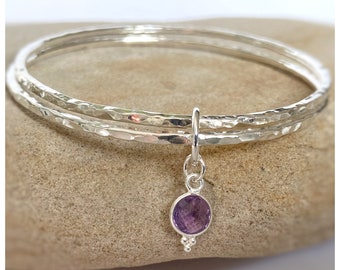 Two Silver Bangles with Amethyst Charm - Hallmarked Silver Bangles - February Birthstone Bangles - Amethyst Bangle - Sterling Silver Bangles