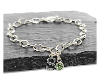 Pulsera personalizada con piedra de nacimiento de 19 cm - Pulsera de eslabones de plata de ley