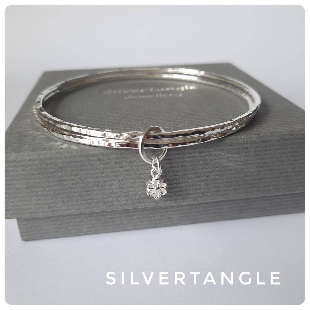 Sterling Silver Bangles With Flower Charm Silver Hammered Bangles