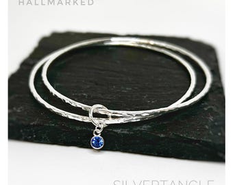 Two Silver Hallmarked Bangles with September Charm - Hammered Silver Bangles - Hallmarked Birthstone Bracelet - Silver Birthstone Bangle
