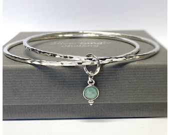 Two Silver Hallmarked Bangles with Amazonite Charm - Hammered Silver Bangles - Textured Finish Bangles - Hallmarked Stacking Bangles