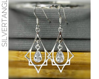 Sparkly Silver Drop Earrings - Sterling Silver Sparkly Earrings - Art Deco Style Silver Earrings - Statement Silver Earrings