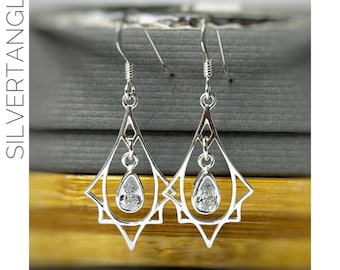 Sparkly Silver Drop Earrings - Sterling Silver Sparkly Earrings - Art Deco Style Silver Earrings - Statement Silver Earrings
