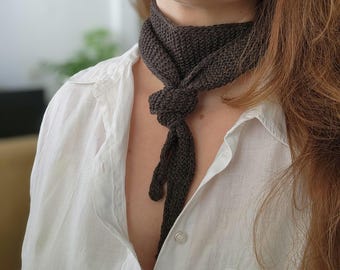 Handknit Brown Wool Mini Scarf – French-Style Neckerchief – Wool Handmade Accessory