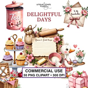 Può includere: Illustrazione ad acquerello con una scatola di tè rosa, cupcakes e una scheda di ricetta. Il testo "DELIGHTFUL DAYS" è visualizzato. Un'anatra tiene un vassoio con una tazza di tè. Include il testo "COMMERCIAL USE 30 PNG CLIPART • 300 DPI".