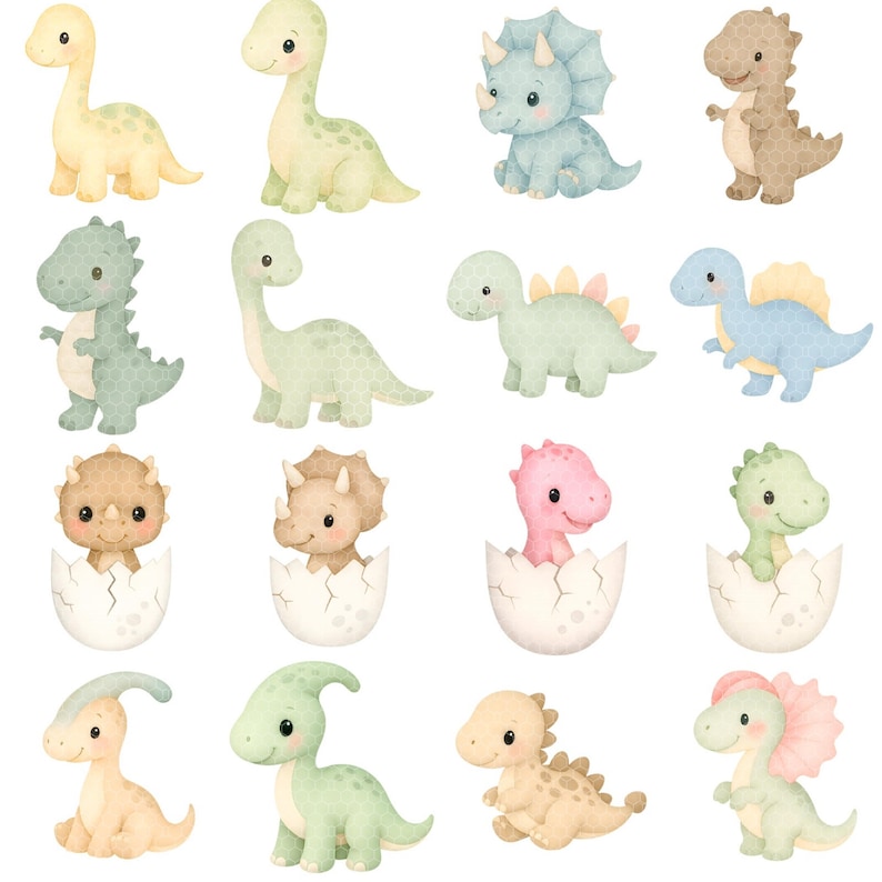 Baby Dinosaur Clipart Transparent PNG | Watercolor Dino with Jungle Plants, Volcano, Palm Trees, Hatching Eggs