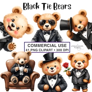 Puede incluir: Ilustraciones de acuarela de osos de peluche vestidos con ropa formal. Los osos están representados con esmóquines, pajaritas y sombreros de copa, uno con gafas de sol y otro con una rosa roja. El texto "Black Tie Bears" está en la parte superior.