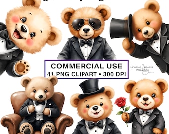 Ositos de esmoquin PNG Clipart / Elegantes ositos de peluche con trajes negros y pajaritas / Invitaciones y decoración para baby shower en acuarela / Descarga / USO COMERCIAL