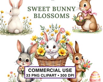 Clipart de conejito y flor de primavera / 33 gráficos PNG de Pascua (uso comercial)