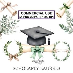 May include: Watercolor illustration featuring a graduation cap, scrolls, laurel wreaths, and sprigs of greenery. The image includes the text "COMMERCIAL USE 54 PNG CLIPART • 300 DPI" and "SCHOLARLY LAURELS". A mint green bow adorns a scroll.