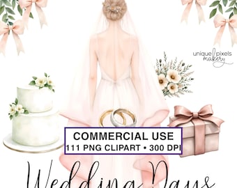 Clipart de boda ruborizada en acuarela PNG / USO COMERCIAL / Ramos florales, arcos, anillos, pasteles
