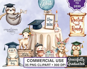 Animales de graduación Clipart Acuarela PNG / Lindo conejito de graduación, pingüino, búho, cordero / Clase de 2025 2026 2027 2028 2029 2030 Invitaciones para fiestas