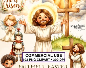 Clipart de acuarela de Pascua cristiana PNG / Jesús, resurrección, cruz, ángeles, cordero, flores de primavera / USO COMERCIAL