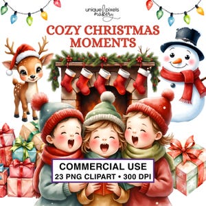 Cozy Christmas Clipart PNG | Cute Polar Bear, Snowman, Penguin, Reindeer, Santa & Holiday Decor | Watercolor Winter Animals | COMMERCIAL USE