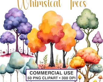 Árboles caprichosos Clipart Acuarela PNG transparente / Conjunto de bosque caprichoso / USO COMERCIAL