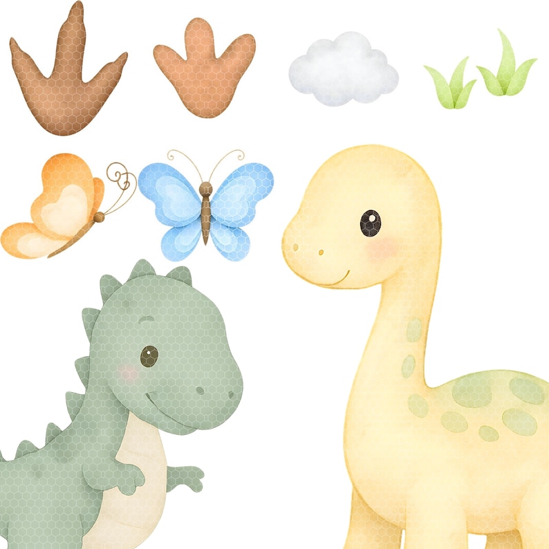 Baby Dinosaur Clipart Transparent PNG | Watercolor Dino with Jungle Plants, Volcano, Palm Trees, Hatching Eggs