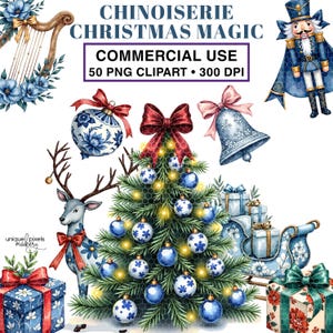 May include: Watercolor Christmas clipart featuring a decorated tree, ornaments, gifts, a reindeer, and a nutcracker. The text reads "Chinoiserie Christmas Magic" and "Commercial Use". The color palette includes blue, red, and gold.