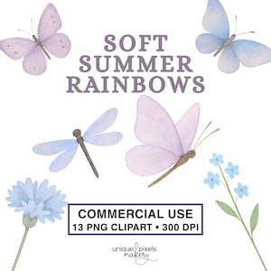 Puede incluir: Ilustración en acuarela con mariposas, una libélula y flores en tonos pastel. El texto "SOFT SUMMER RAINBOWS" se muestra sobre las ilustraciones. La imagen también incluye el texto "COMMERCIAL USE 13 PNG CLIPART • 300 DPI".
