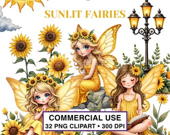 Hadas de girasol (imagen PNG) / Jardín rústico de acuarela (uso comercial)