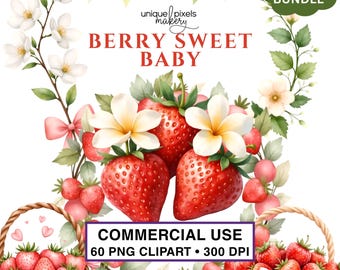 Strawberry Clipart Watercolor PNG | Sweet Strawberries | Berries Border | Scarlet Fruit | Berry Desserts | Digital Download | COMMERCIAL USE