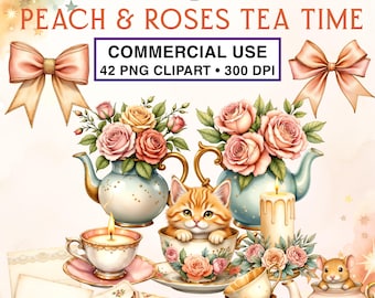 Clipart de fiesta de té en acuarela PNG transparente / Flores y lazos vintage shabby chic para invitaciones / USO COMERCIAL