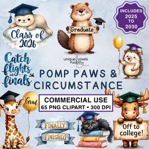 Watercolor Graduation Animals Clipart | 2025 2026 2027 2028 2029 2030 | Transparent PNGs | Caps, Scrolls & Quotes | Class of Celebration image 1