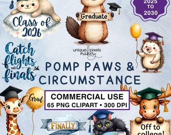 Clipart de animales de graduación en acuarela / 2025 2026 2027 2028 2029 2030 / PNG transparentes / Gorras, pergaminos y citas / Clase de celebración