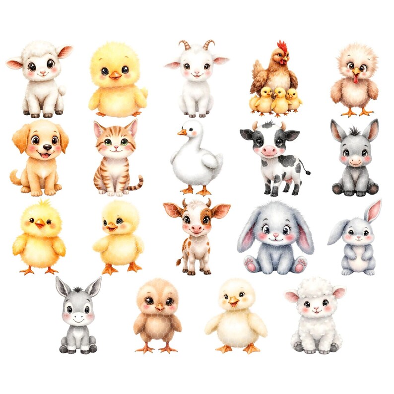 Baby Farm Animal Watercolor Clipart PNG | Lamb Chick Bunny Calf Donkey ...