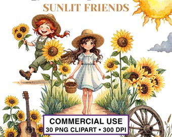 Granja de girasoles (imágenes prediseñadas PNG) / Jardín rústico de acuarela (uso comercial)