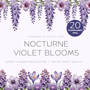 Flores de acuarela, violetas nocturnas, 20 imágenes prediseñadas moradas PNG / Lavanda melancólica y conjunto floral celestial / Flores mágicas y románticas para bodas