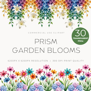 30 imágenes prediseñadas de flores individuales de acuarela, PNG, flores coloridas y vibrantes, flores silvestres de arcoíris, despedida de soltera, descarga instantánea, conjunto radiante