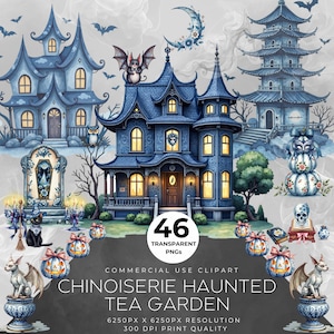 Clipart di un giardino da tè infestato di Halloween in stile cinese / Elementi acquerellati blu e bianchi / Elementi gotici / Tazze da tè infestate, zucche, case, pipistrelli, gufi