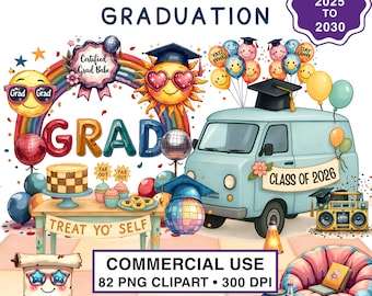 Clipart de graduación retro en acuarela, PNG, estilo años 70, 2025, 2026, 2027, 2028, 2029, 2030, con estilo, paz, arcoíris y patines.