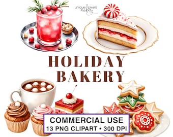 Imágenes prediseñadas navideñas de repostería con galletas, acuarela PNG transparente / Casa de jengibre, chocolate caliente, bastones de caramelo y pasteles / USO COMERCIAL