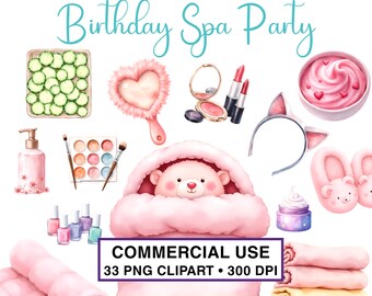 Fiesta de pijamas en el spa, clipart acuarela PNG / USO COMERCIAL / Máscara de unicornio, máscara de estrella, bombas de baño / Fiesta de pijamas de cumpleaños para preadolescentes y adolescentes