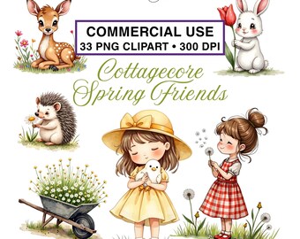 Clipart de primavera estilo cottagecore / Niñas, animales y flores (uso comercial)