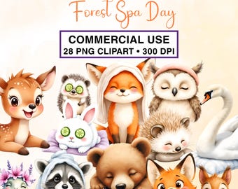 Clipart de animales del bosque para un día de spa, acuarela, PNG transparente / Conjunto de invitación y guardería / USO COMERCIAL