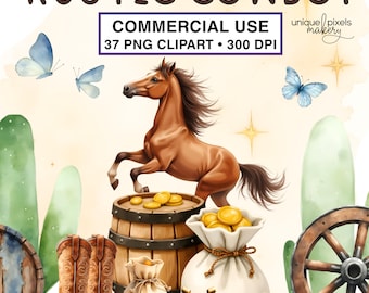 Clipart de vaquero occidental en acuarela PNG transparente / Elementos de rodeo rústicos para invitaciones y arte mural / USO COMERCIAL