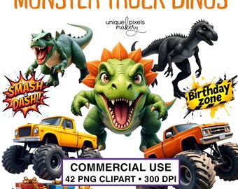 Fiesta de dinosaurios de Monster Truck PNG Clipart / Uso comercial Descarga digital