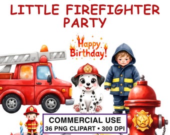 Clipart PNG de cumpleaños de bombero, acuarela, cachorro dálmata, camión de bomberos, hidrante, feliz cumpleaños, uso comercial