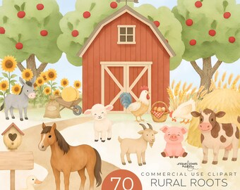 Farm Animal Clipart Watercolor Kids Transparent PNG | Barnyard Animals | Digital Download | COMMERCIAL USE