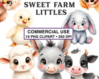 Baby Farm Animal Watercolor Clipart PNG | Lamb Chick Bunny Calf Donkey Cat Dog | COMMERCIAL USE | Use for Nursery Decor & Party Invitations